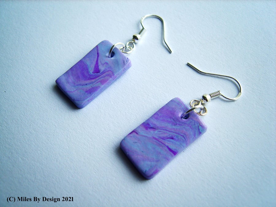 Sterling Silver and Polymer Clay Lilac Marbled Slab Earrings