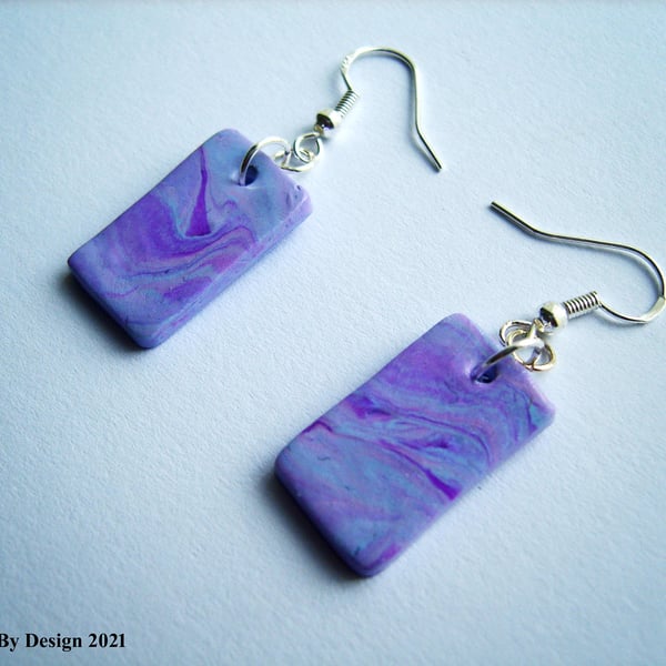 Sterling Silver and Polymer Clay Lilac Marbled Slab Earrings