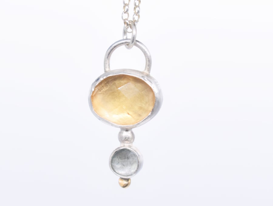 Handmade Natural Citrine and Aquamarine Sterling Silver and Gold Pendant