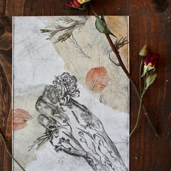 Hand-printed Collaged A5 Relief Etching Print 'Apart of Us'