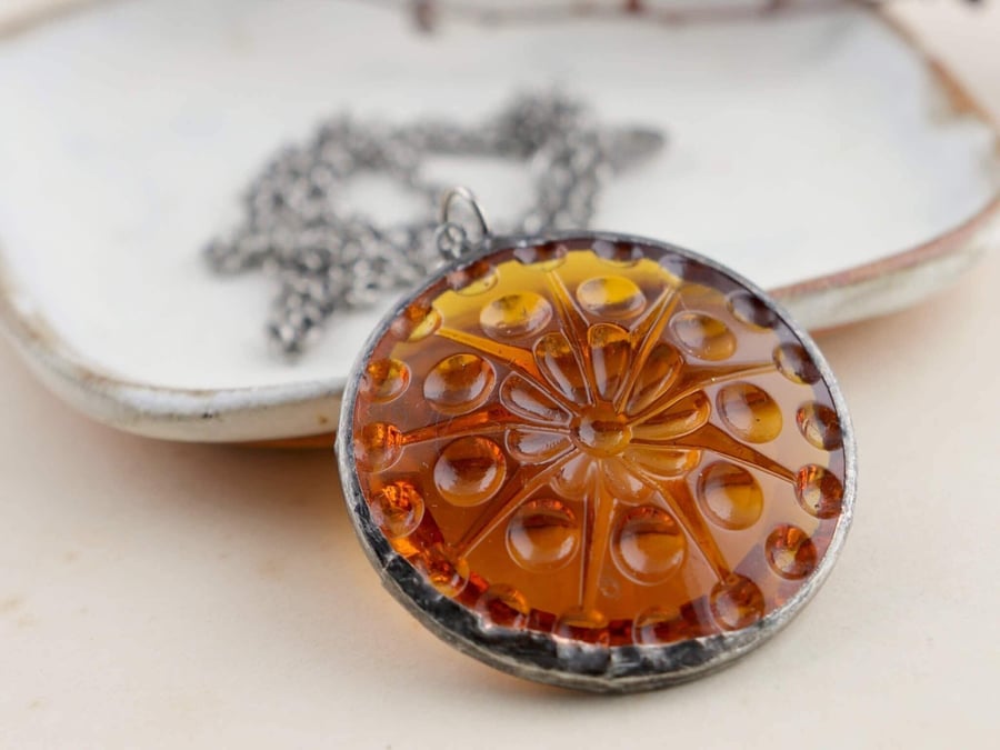 Stained glass necklace, Honey orange art deco soldered pendant necklace