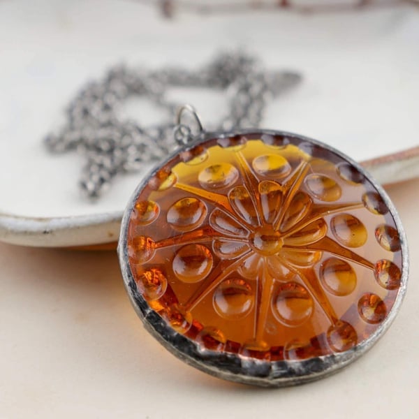 Stained glass necklace, Honey orange art deco soldered pendant necklace