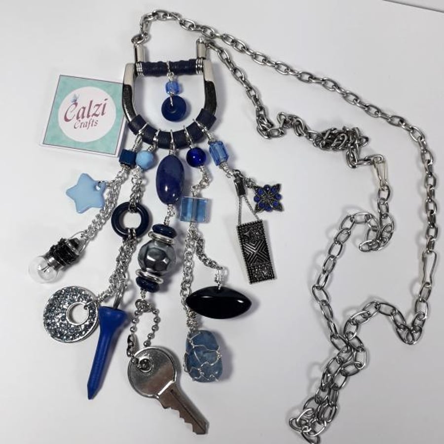 Upcycled Silver Tone Buckle & Blue Charm Boho Necklace