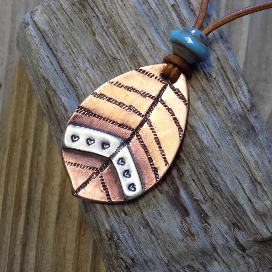 Rustic aged copper and silver 'autumn leaf' mixed metals pendant