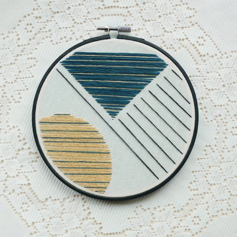 Distant Horizons - Blue, Black and Gold Abstract Embroidery Art Piece