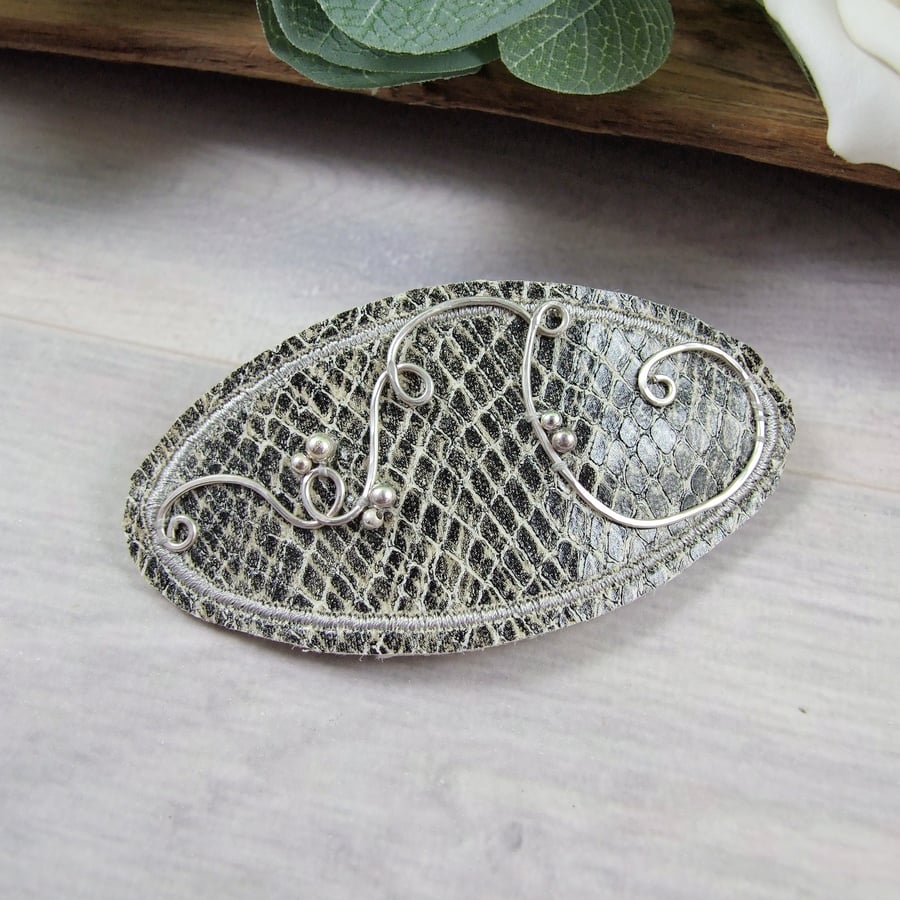 Hair Barrette with Sterling Silver Embellishments. Grey