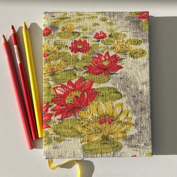 Handmade A5 Hardcover Notebook with Lily Design Upcycled 1950's Vintage Fabric
