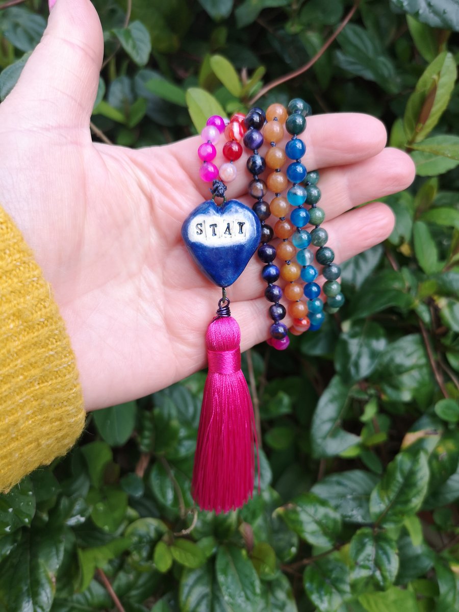 Rainbow gemstone mala bead necklace with ceramic heart and pink tassel