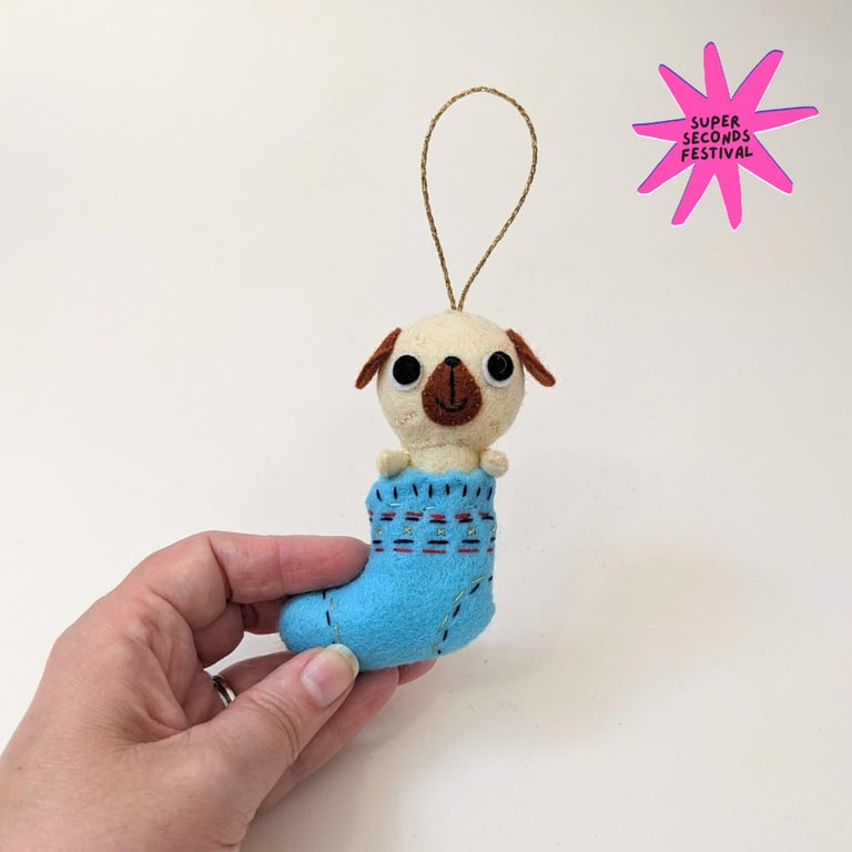 Felt Dog in a Stocking - Christmas Hanging Decoration - Super Seconds Festival