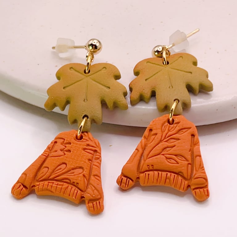 Autumn sweater earrings with leaf dangle for her