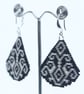 Teardrop Beaded Earrings in Black with Silver Geometric Pattern - Image 3