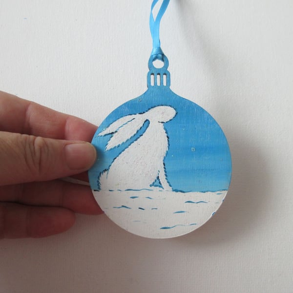 Christmas Tree Hanging Decoration Bauble Snow Scene Bunny Rabbit