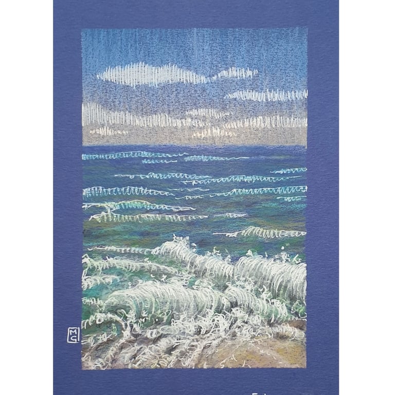 Waves on the beach original drawing, small seascape art, ocean wall art