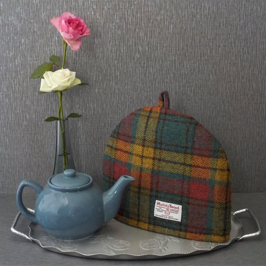 Harris Tweed tea cosy rose teal yellow fabric teapot cover