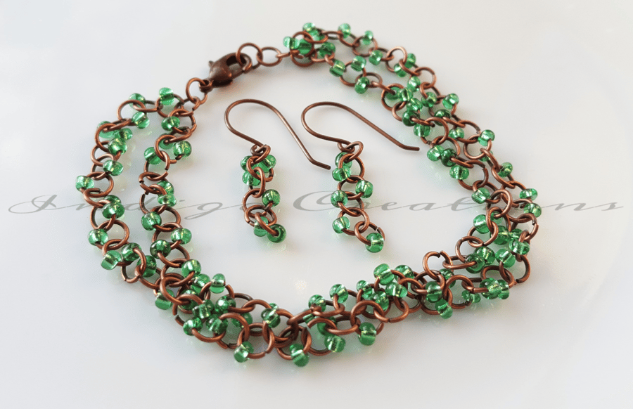  Bracelet And Earrings Bronze Chainmaille And Green Sead Bead Jewellery Set