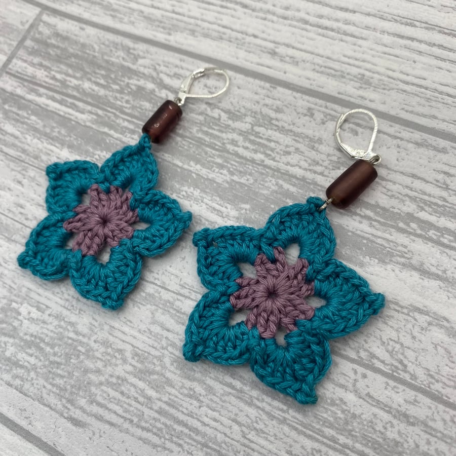 Crochet flower earrings on silver leverbacks