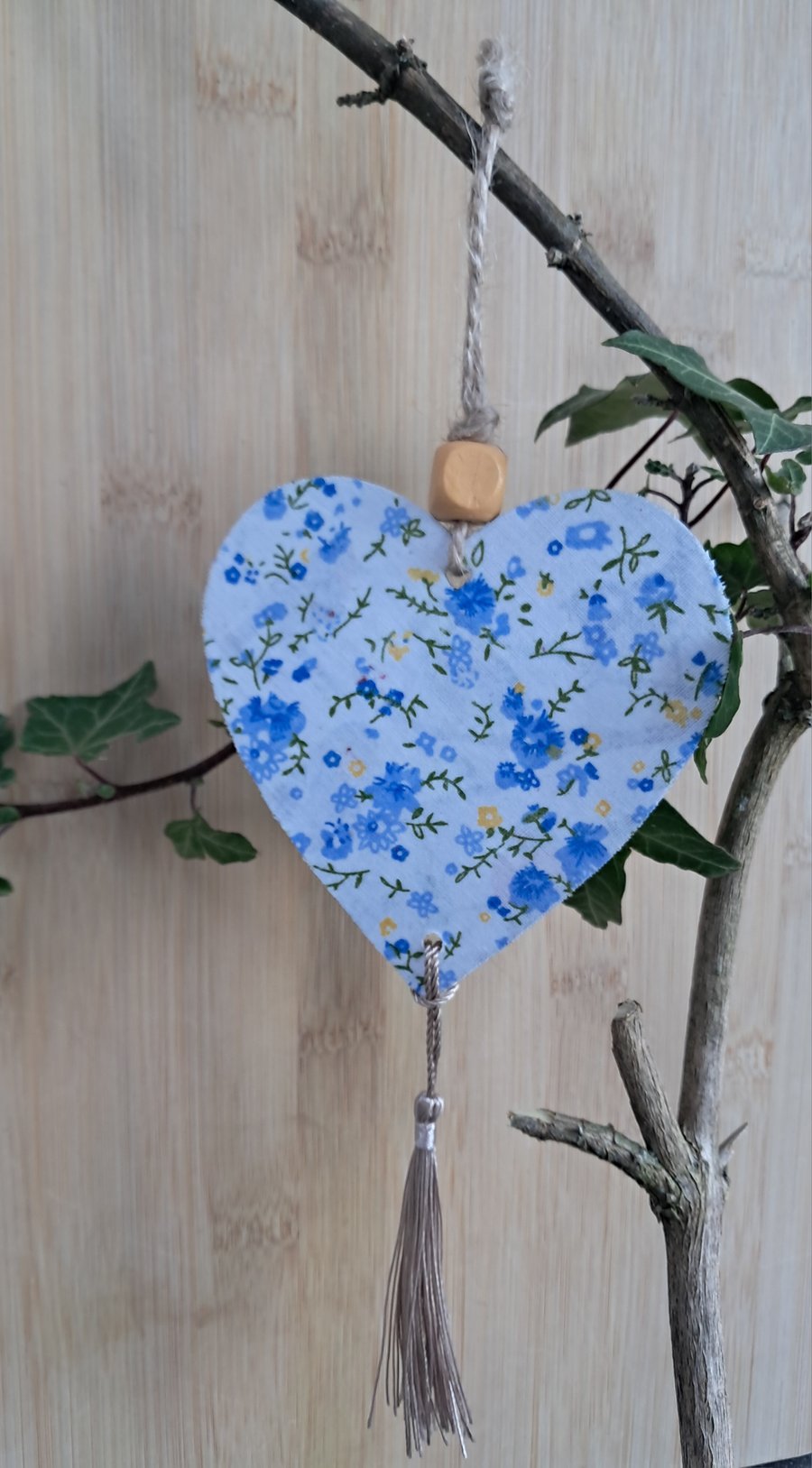Three Wooden Hanging Hearts with Fabric Decoupage