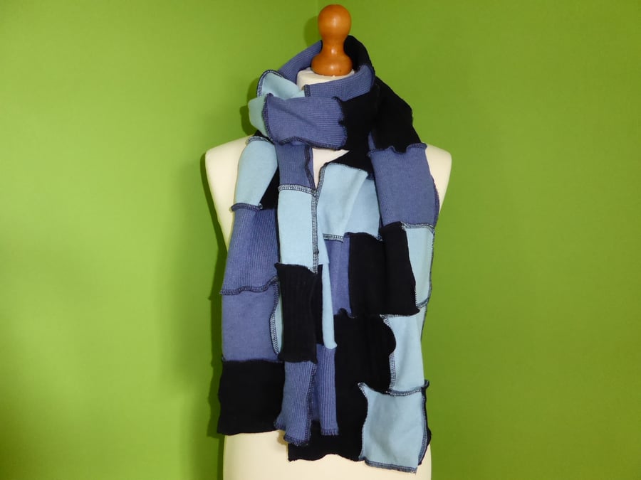 Upcycled Patchwork Wool Long Scarf in Blues.