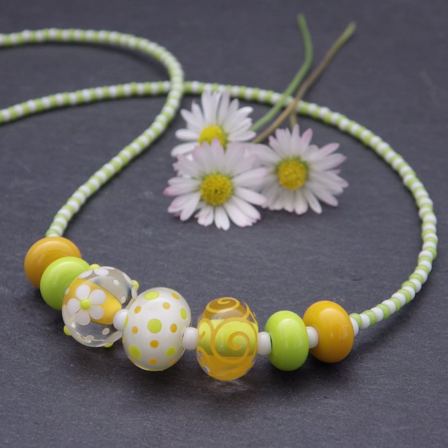 Zesty green, white and yellow lampwork glass bead necklace