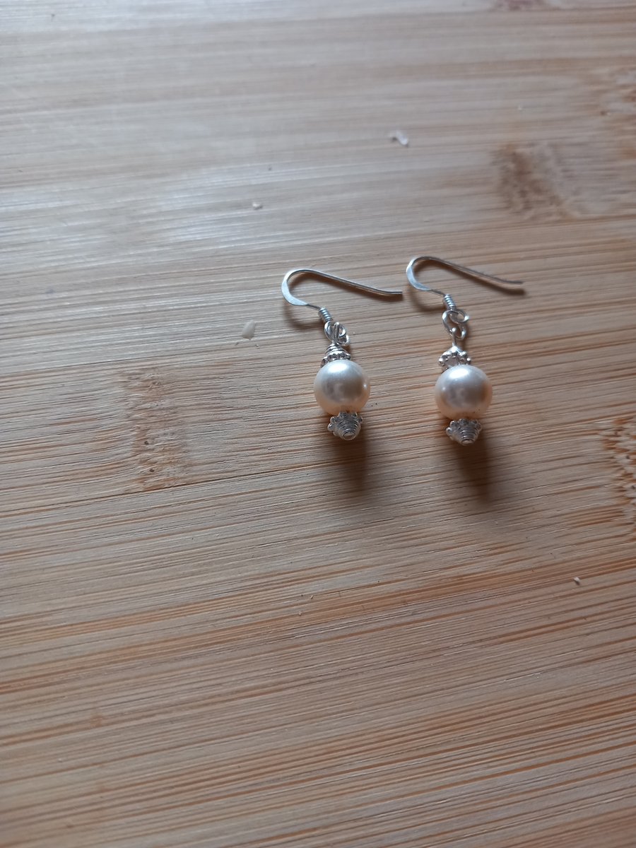 Pearl drop earrings with silver beads sterling silver cream ivory bridal wedding