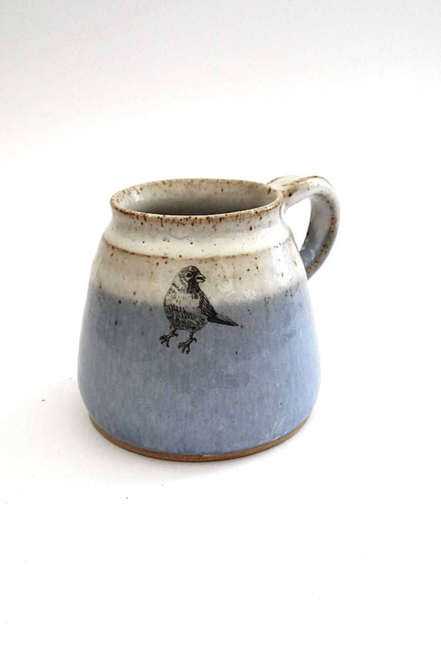 Rustic ceramic blue and white birdie mug - handmade pottery