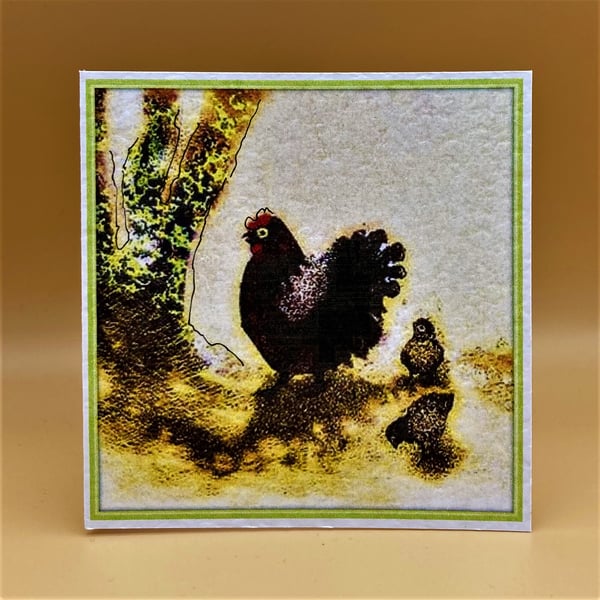 Easter Greetings Card, Hen and Chicks 'Happy Easter' message, Original design.