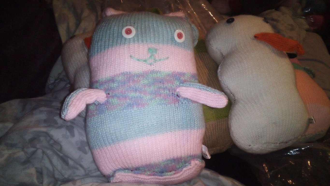 Pink, Rainbow and Blueish Grey Giant Bunny with White & Pink Eyes Knitted By KM