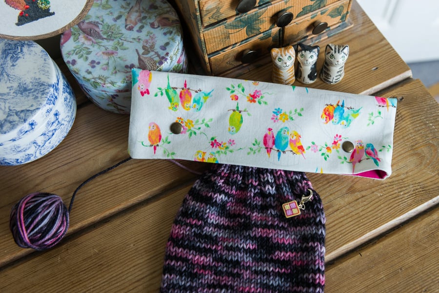 DPN holder, cosy or case made with Kokka Japan cotton in a fun Budgie print
