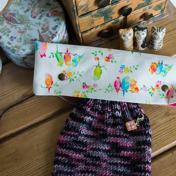 DPN holder, cosy or case made with Kokka Japan cotton in a fun Budgie print