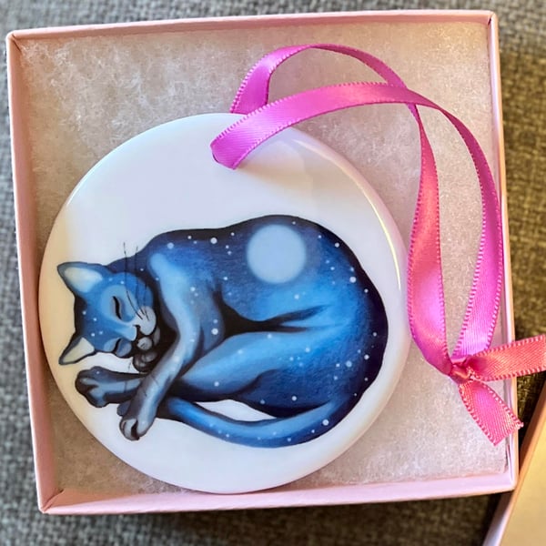 Lunar Cat ceramic ornament - blue cat decoration, Christmas gift 
