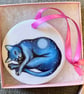 Lunar Cat ceramic ornament - blue cat decoration, Christmas gift 