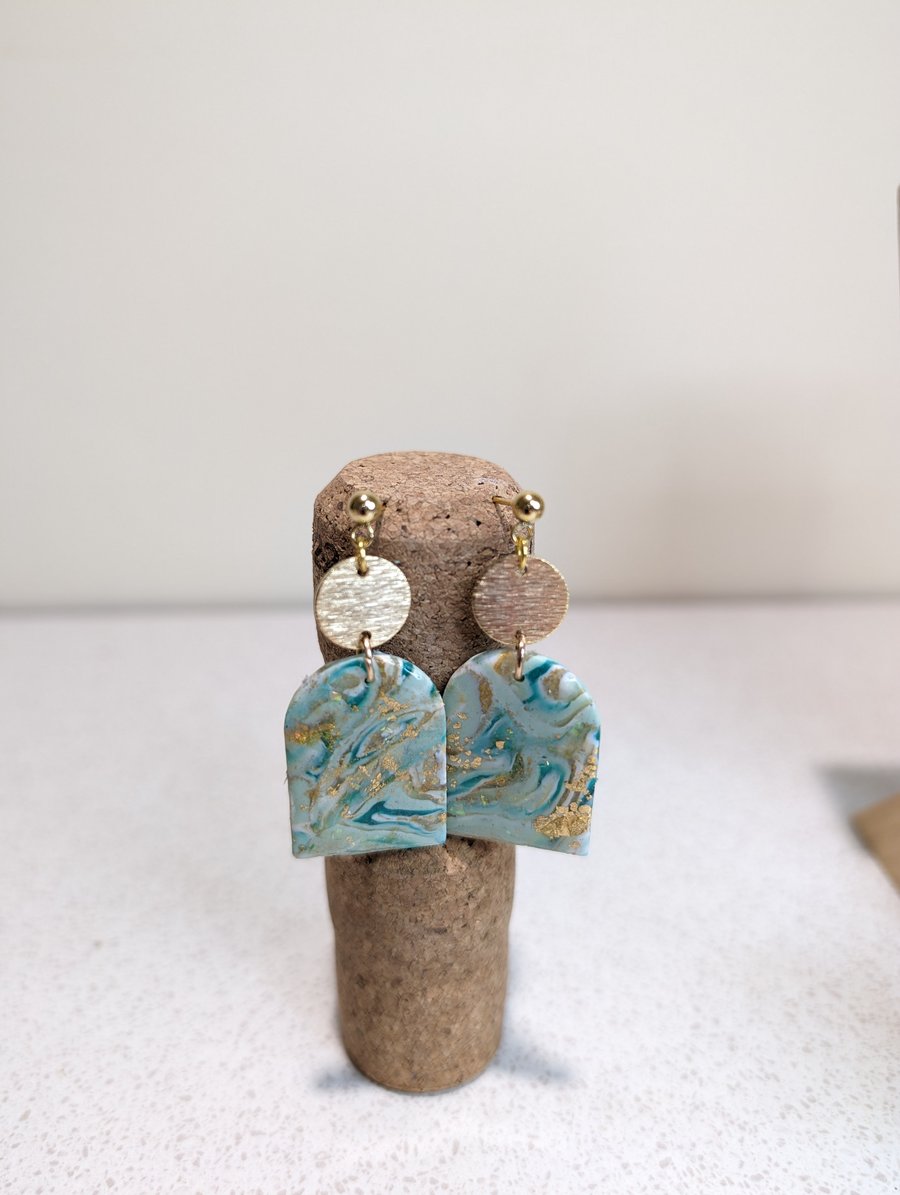 Mint gold galaxy arch dangle marble earrings 