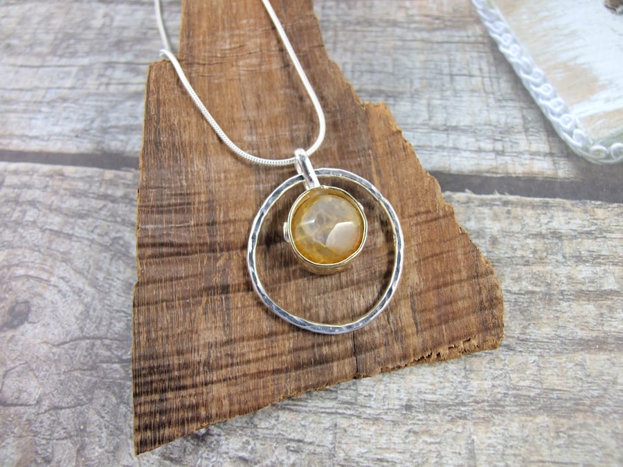 Lemon Agate Necklace, Sterling Silver with Brass Bezel Set Faceted Agate
