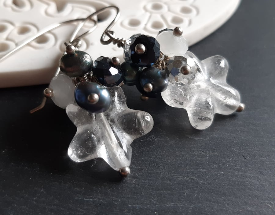 Rock crystal star cluster earrings