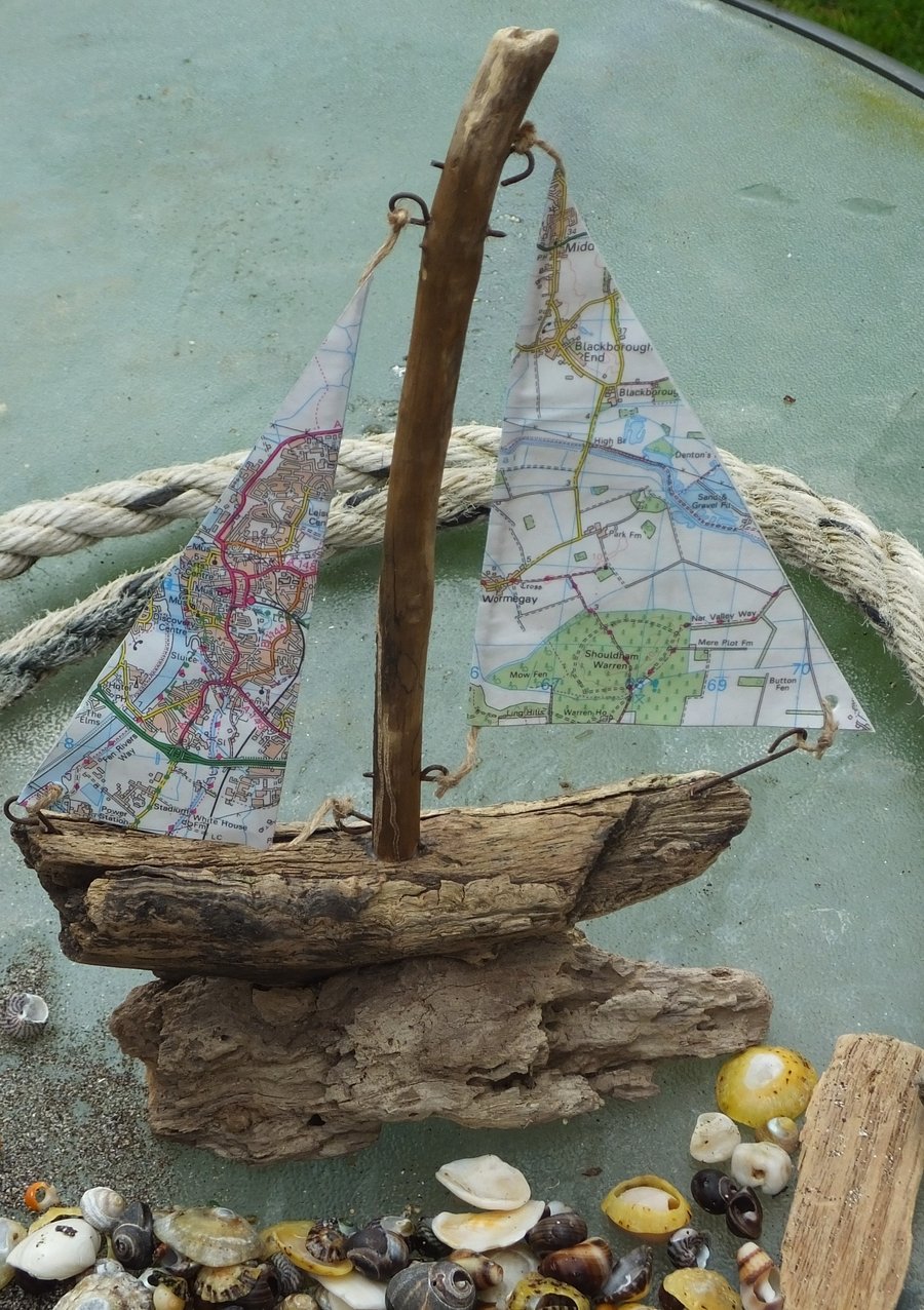 Driftwood sailing ship yacht with ordnance survey map sails King's Lynn area