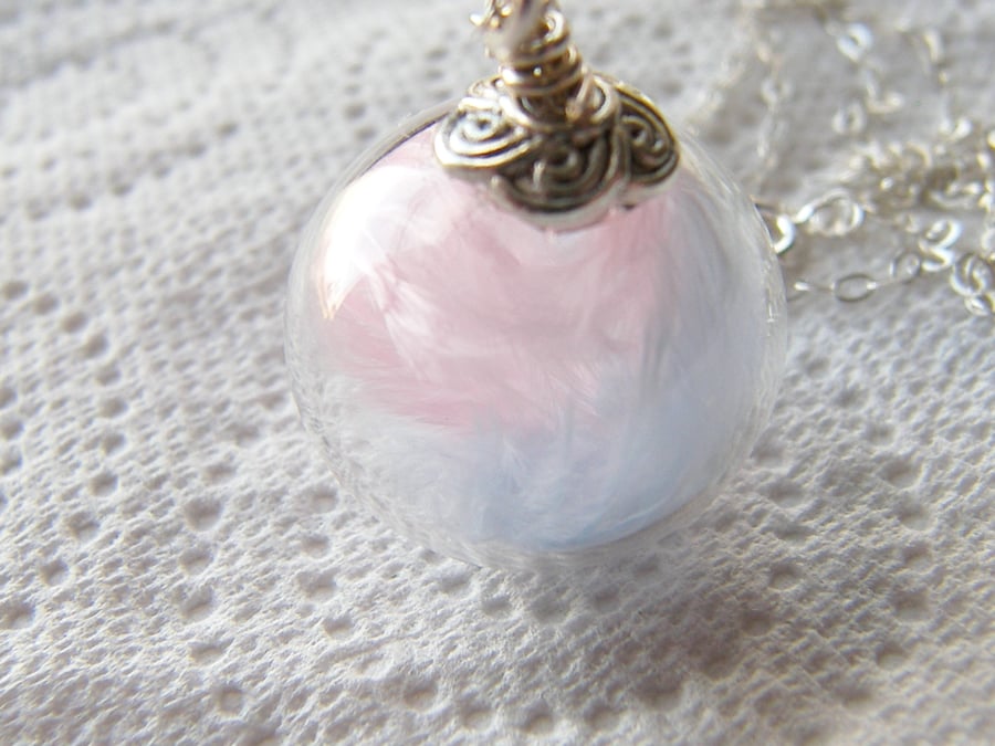 New Mum Necklace, Marabou Feathers, Glass Globe with Pink and Blue Feathers