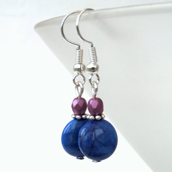 Blue gemstone coin & pink crystal earrings