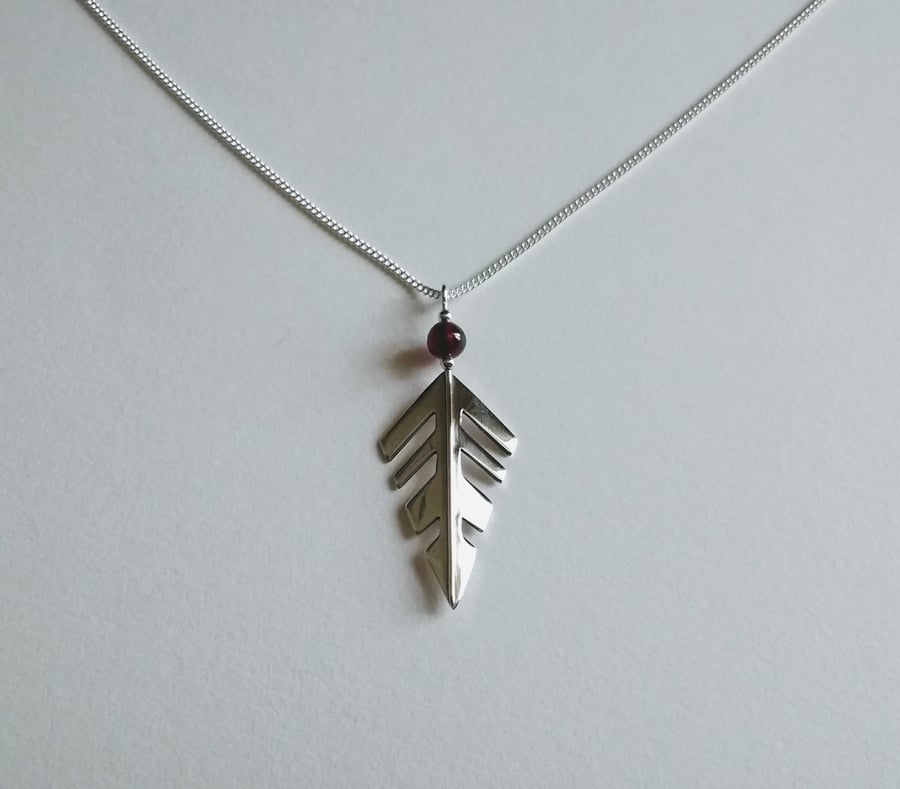 Sterling Silver Arrow Leaf Pendant, Garnet Bead, 16" Chain