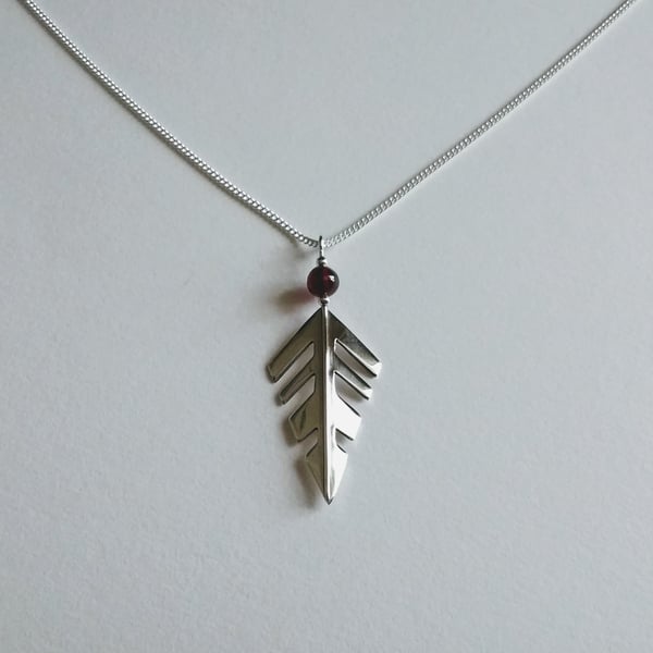 Sterling Silver Arrow Leaf Pendant, Garnet Bead, 16" Chain