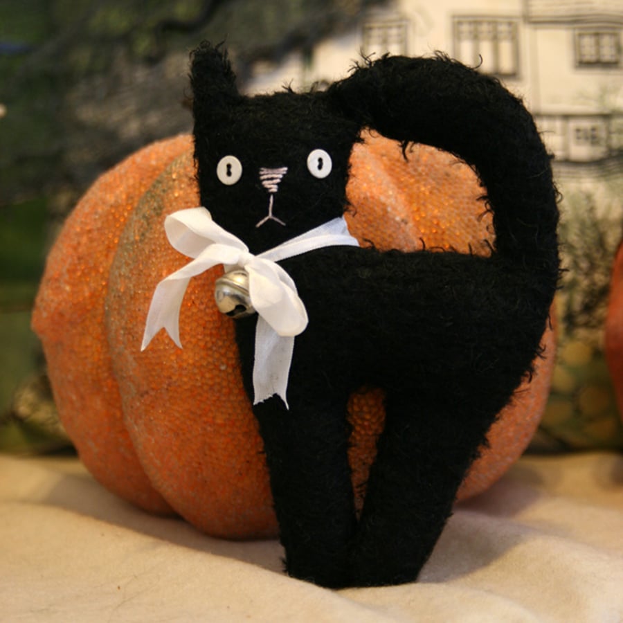 Sweet little Primitive black mohair Halloween witches cat. Hand made.