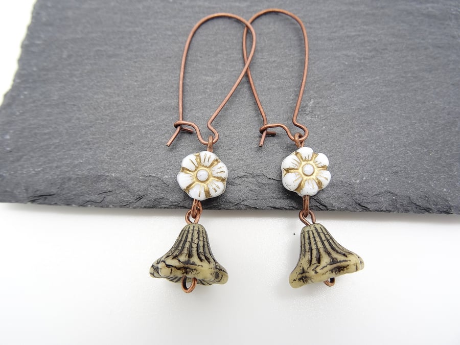 Daisy and Bell Flower Czech Glass Earrings