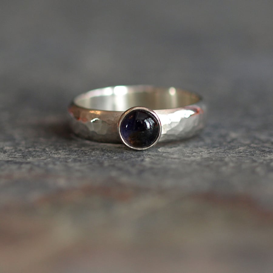 Hammered Textured Recycled Sterling Silver Iolite Ring