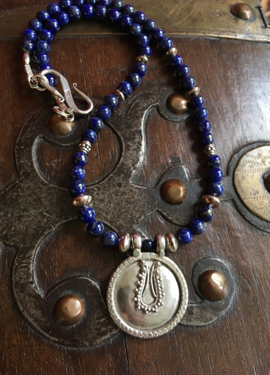 Indian silver amulet necklace - lapis lazuli - ethnic pendant - sterling silver
