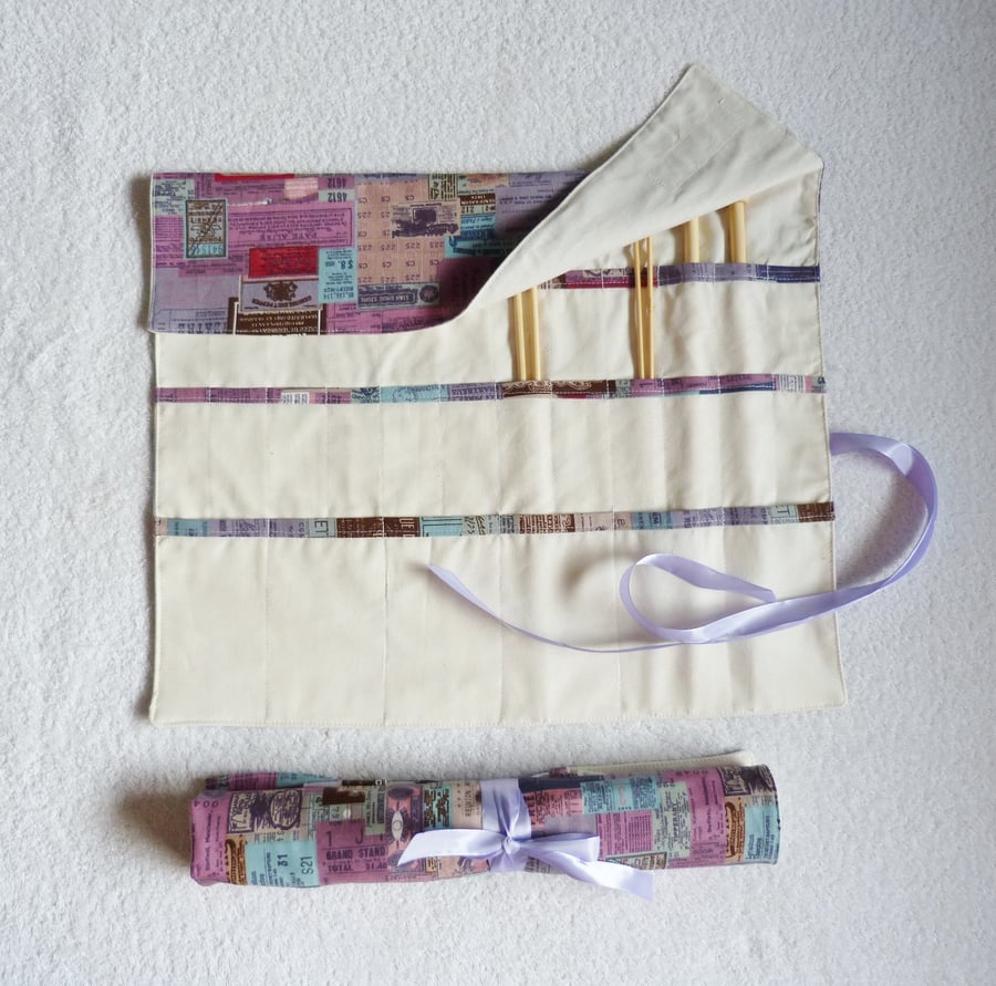 Knitting Needle Roll in Label Print Cotton Fabric with 3 Pairs Bamboo Needles
