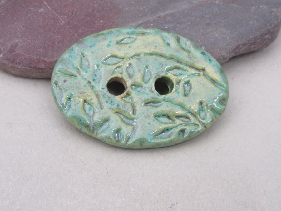 Large Verdigris Green Sprig Oval Handmade Ceramic Button