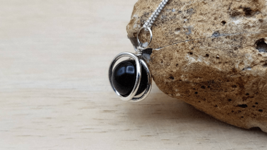 Minimalist Black tourmaline 3D circle pendant  necklace.