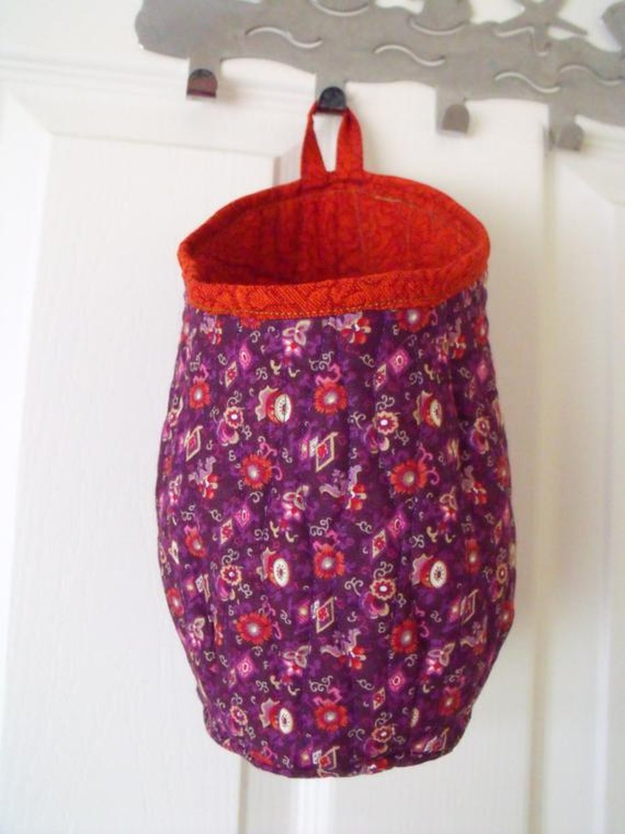 quilted door handle storage bag, storage pod, purple and red