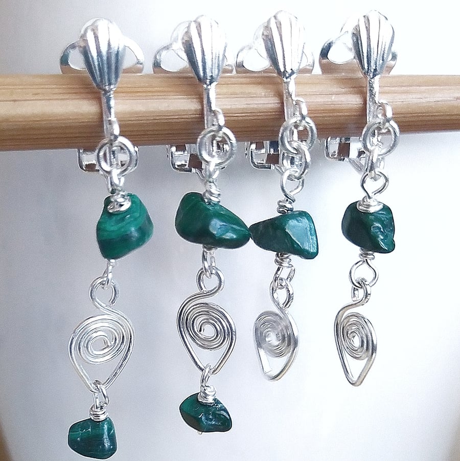 Clip-on Malachite Tiny Swirl Drop Earrings