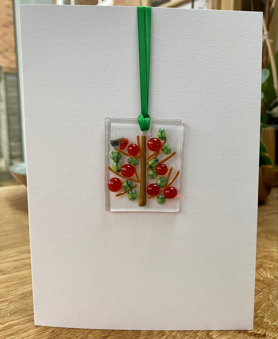 Fused glass keepsake card with a bird in a fruit tree