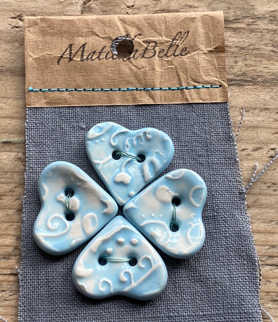 Handmade Ceramic Set of 4 Blue Heart Buttons 